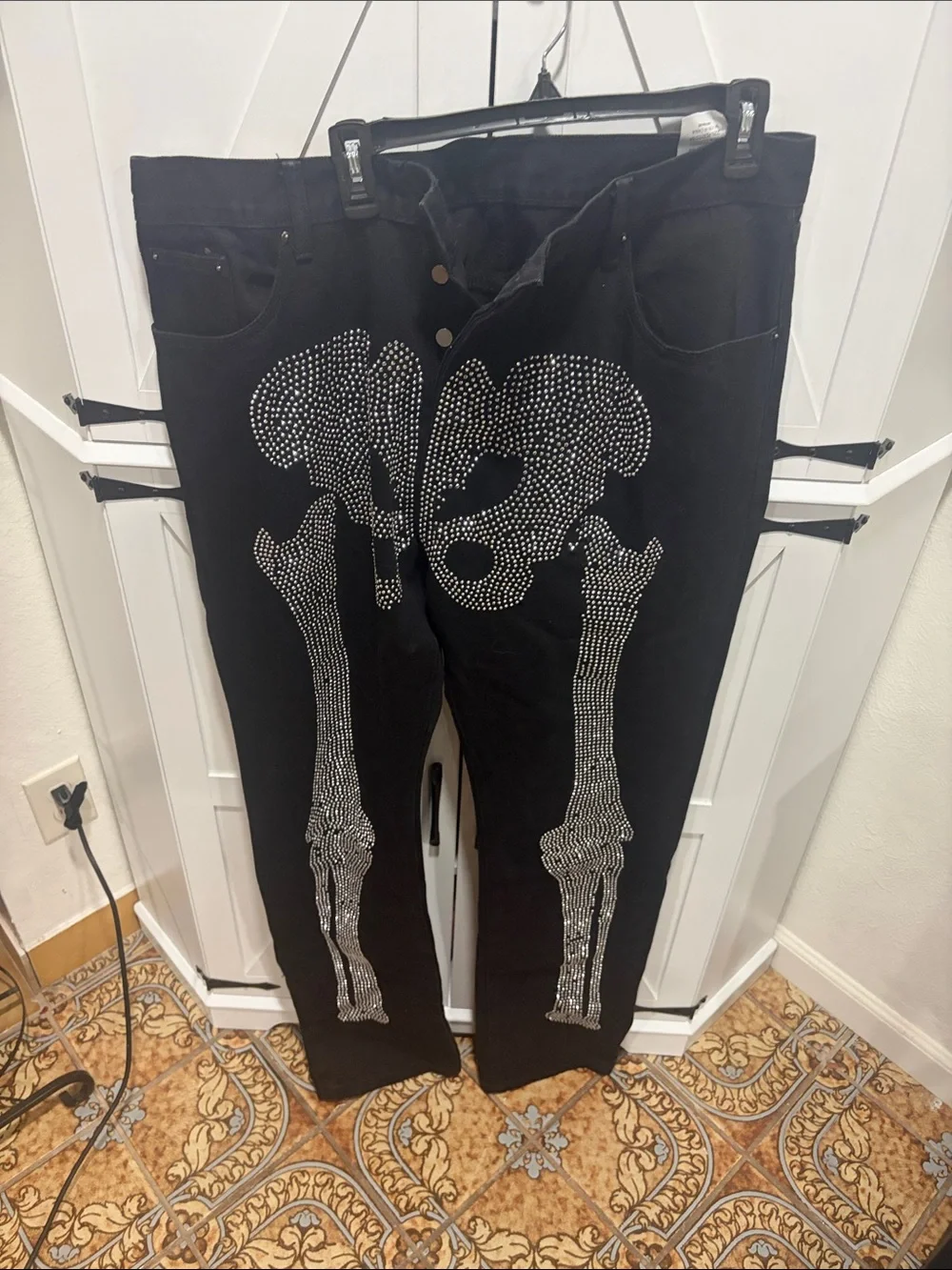 Black Straight-Leg Jeans with Crystal Skeleton Motif - Picture 1 of 1